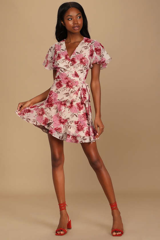 Beige Floral Print Dress - Wrap Mini Dress - Flutter Sleeve Dress - Lulus